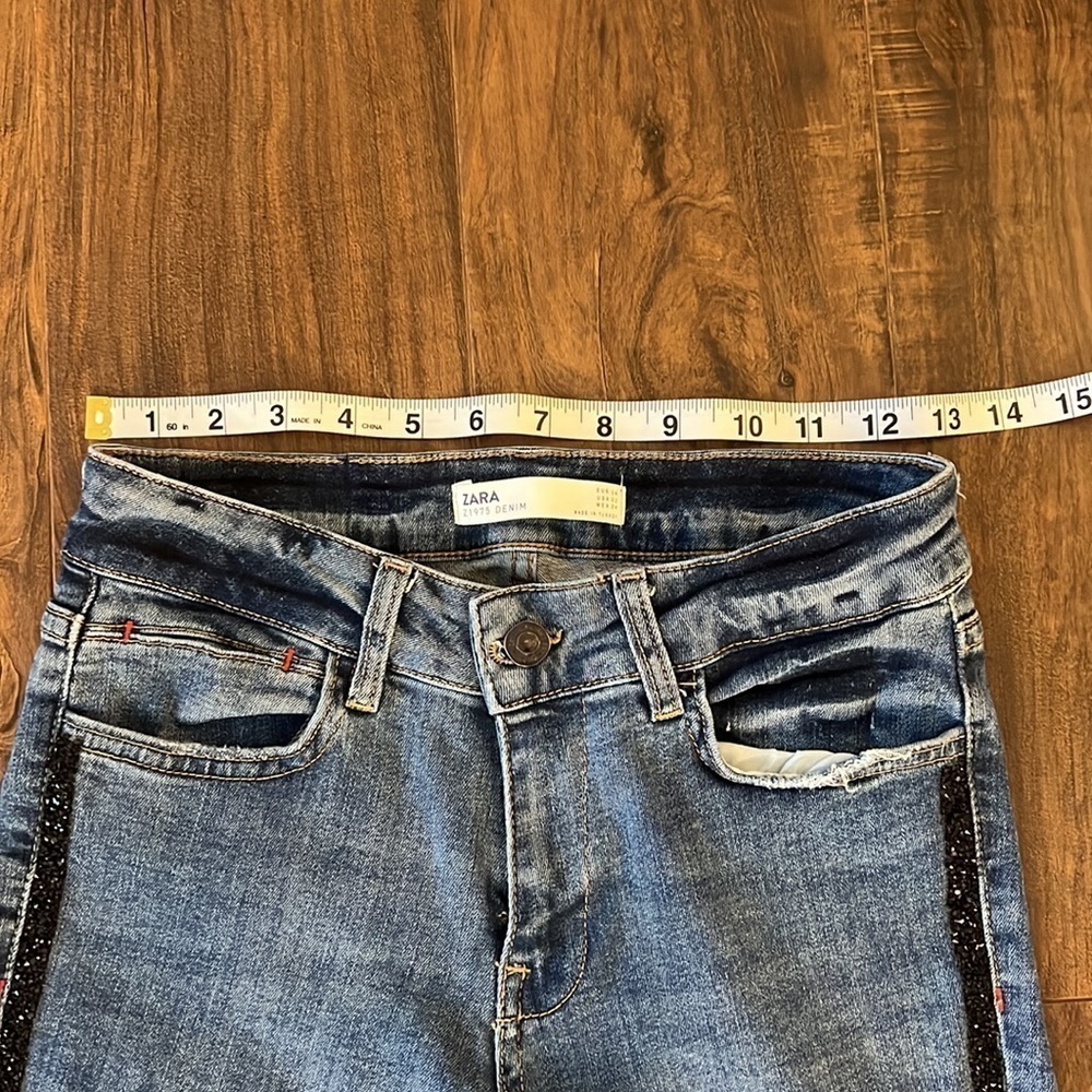 ZARA Z1975 Distressed Denim Jeans with Rhinestones Hem - Picture 6 of 12
